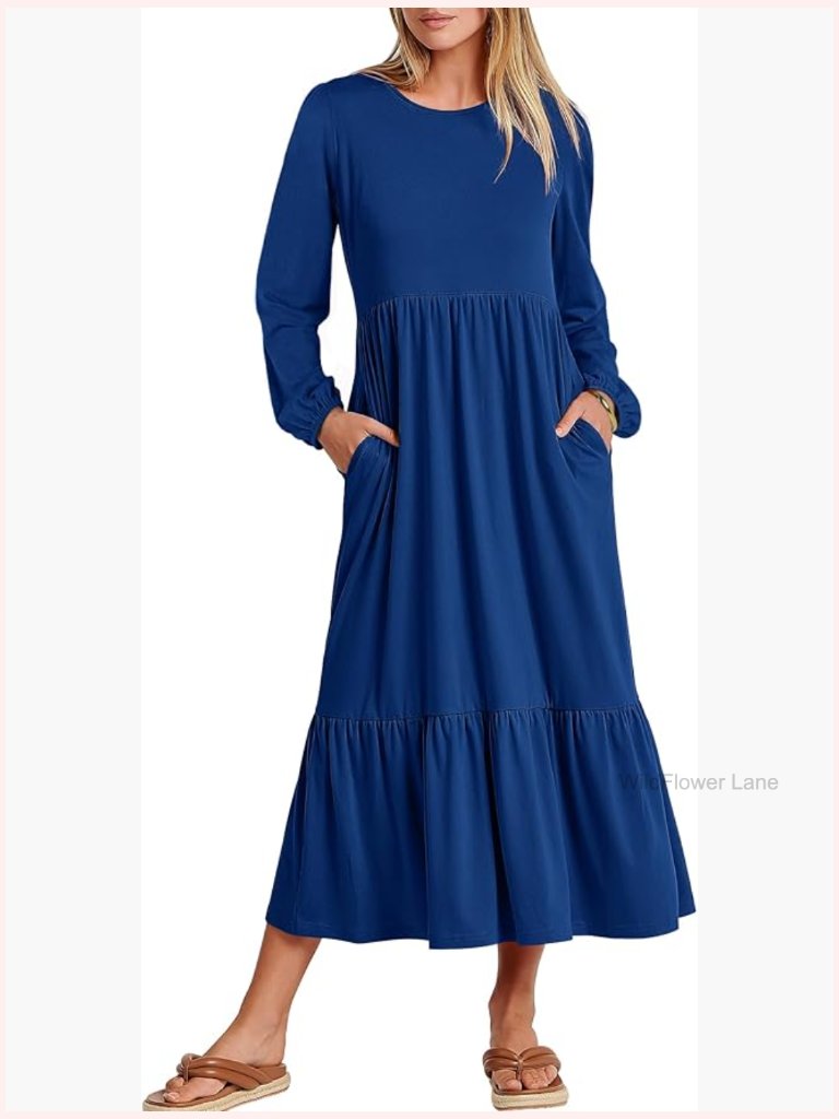 Long Sleeve Midi Dress Crewneck A-Line Tiered Flowy Pockets